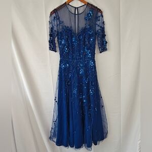 Theia 3D Applique Floral Sequin Beaded Cocktail Dress Royal Blue Women's Small